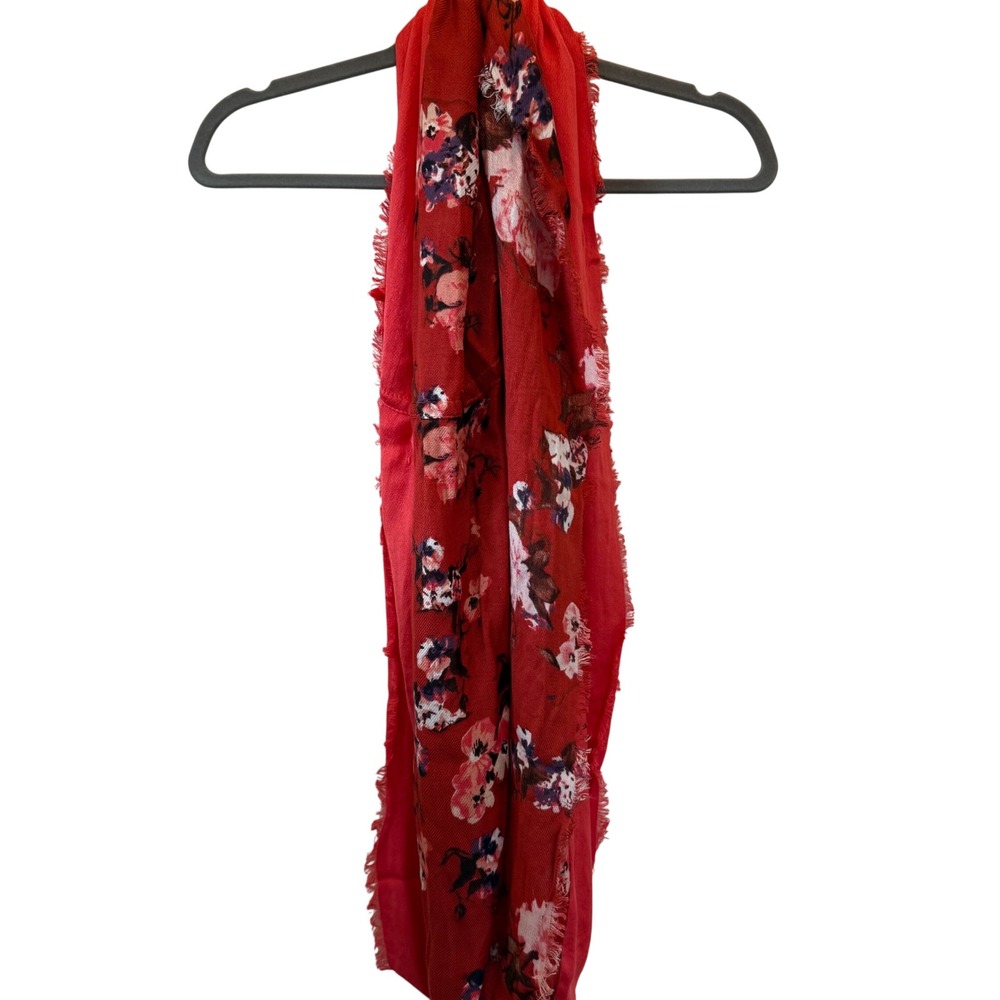 Red Coral Floral Infinity Scarf Eyelash Fringe Lightweight Boho Summer Festival